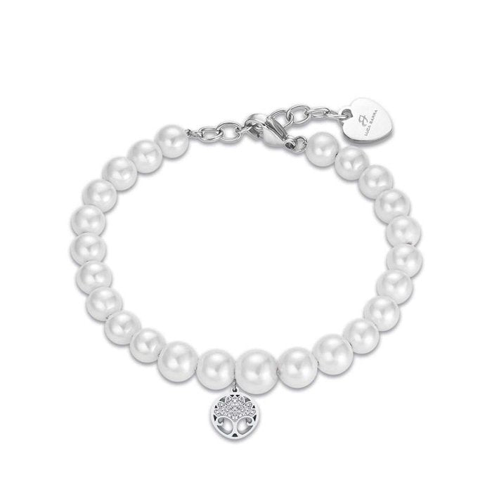 Bracciale in acciaio con perle bianche e albero della vita