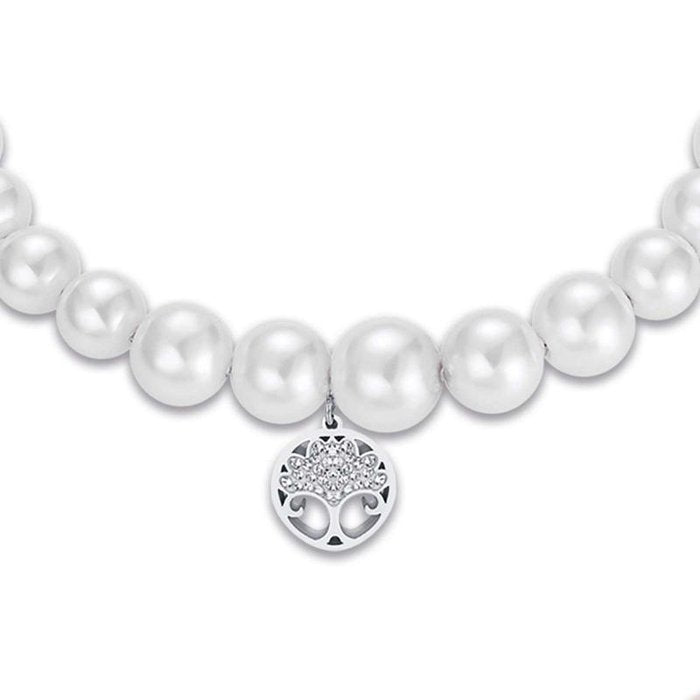 Bracciale in acciaio con perle bianche e albero della vita