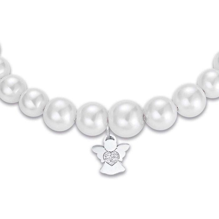 Bracelet en acier avec perles blanches et ange