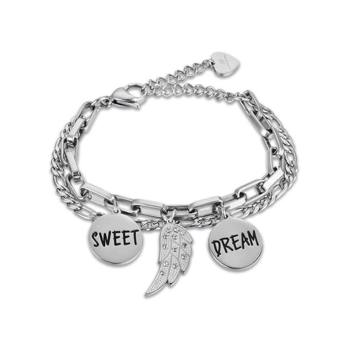 Bracciale in acciaio con ala con cristalli bianchi e piastre con smalto nero