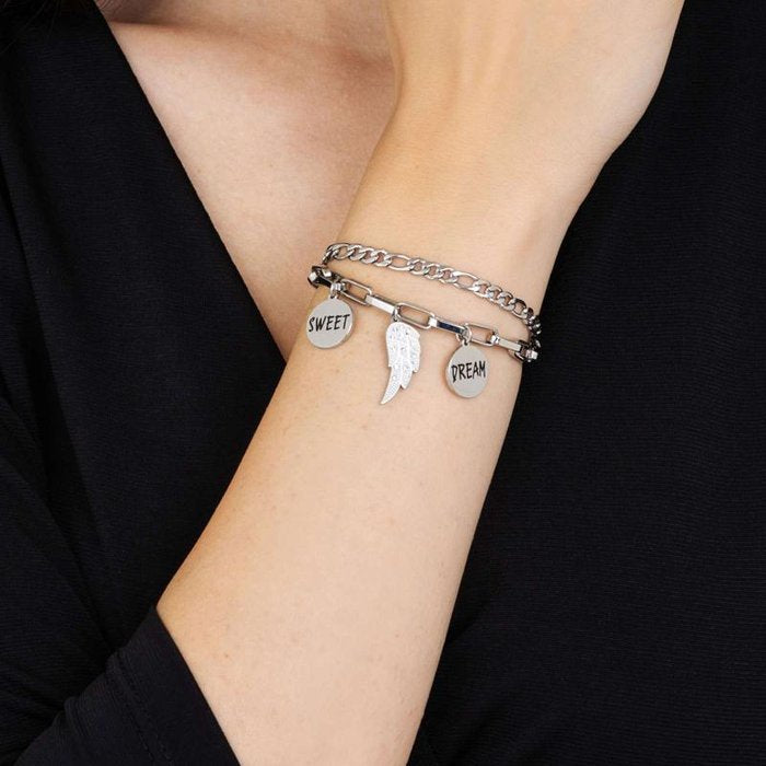 Bracciale in acciaio con ala con cristalli bianchi e piastre con smalto nero