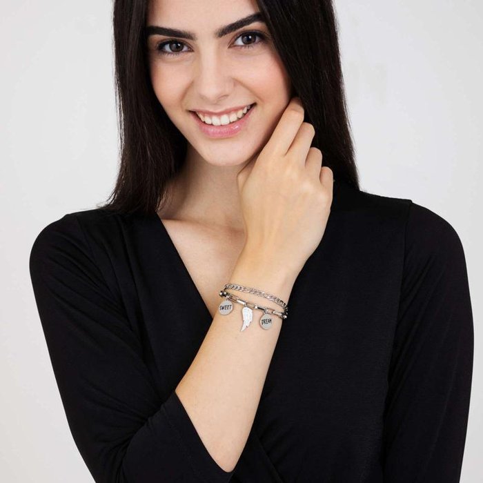 Bracciale in acciaio con ala con cristalli bianchi e piastre con smalto nero