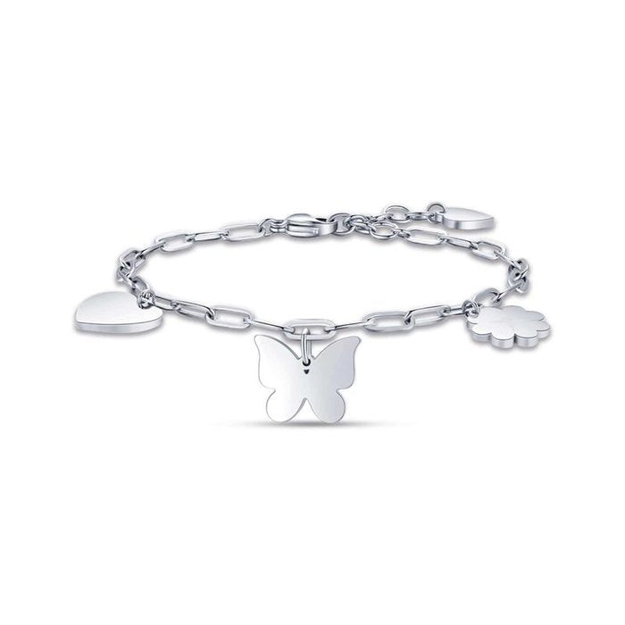 Bracciale in acciaio con cuore farfalla e quadrifoglio