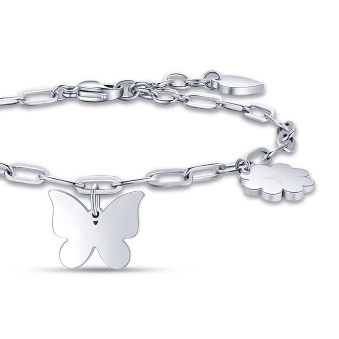 Bracciale in acciaio con cuore farfalla e quadrifoglio
