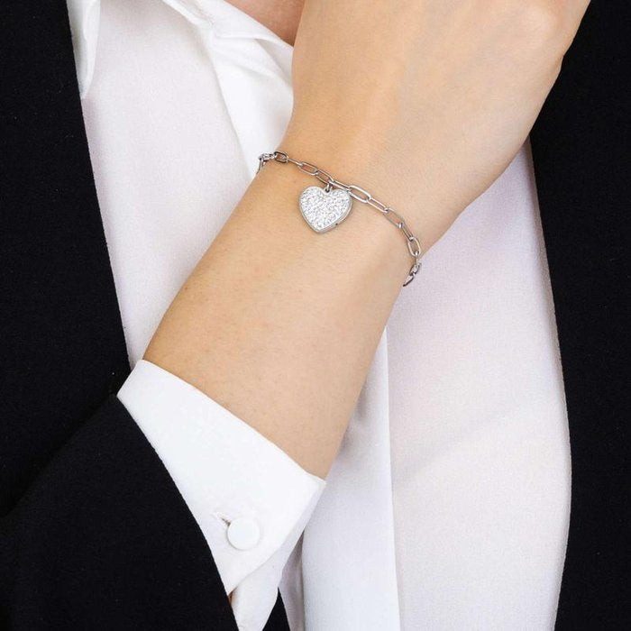 Bracciale in acciaio con cuore e cristalli bianchi