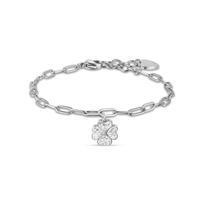 Bracciale in acciaio con quadrifoglio e cristalli bianchi