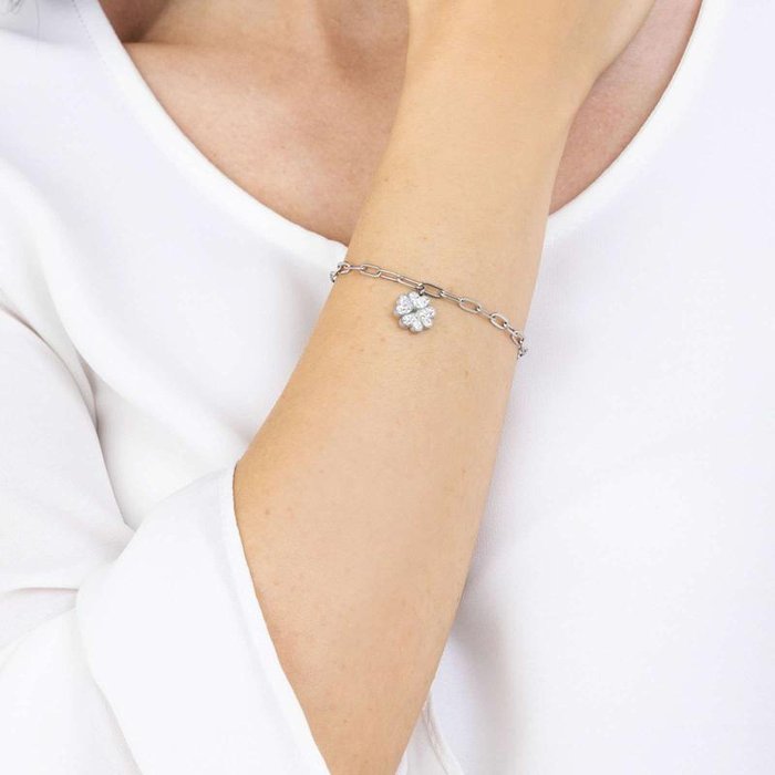 Bracciale in acciaio con quadrifoglio e cristalli bianchi