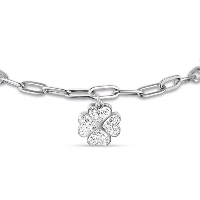 Bracciale in acciaio con quadrifoglio e cristalli bianchi