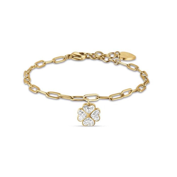 Bracciale in acciaio ip gold con quadrifoglio e cristalli bianchi