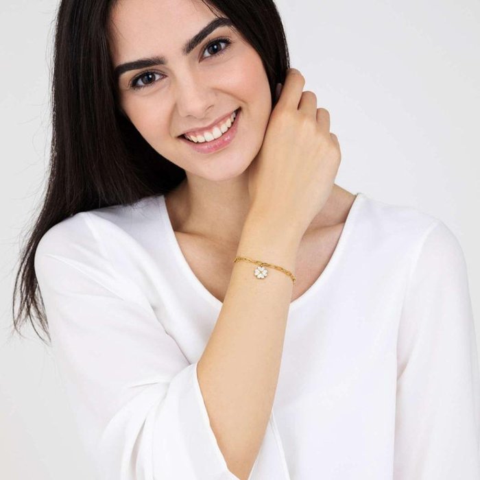 Bracciale in acciaio ip gold con quadrifoglio e cristalli bianchi