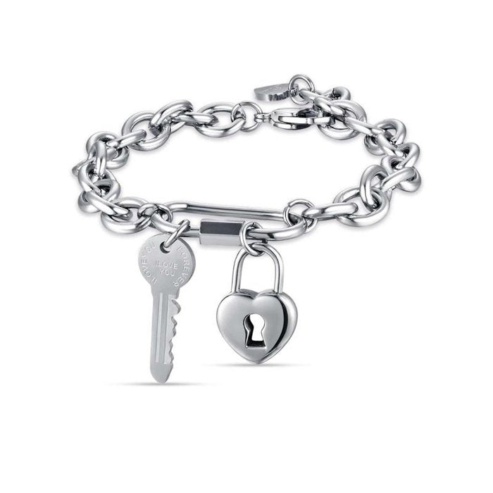 Bracciale in acciaio con chiave e cuore lucchetto