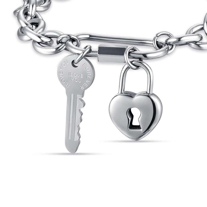 Bracciale in acciaio con chiave e cuore lucchetto