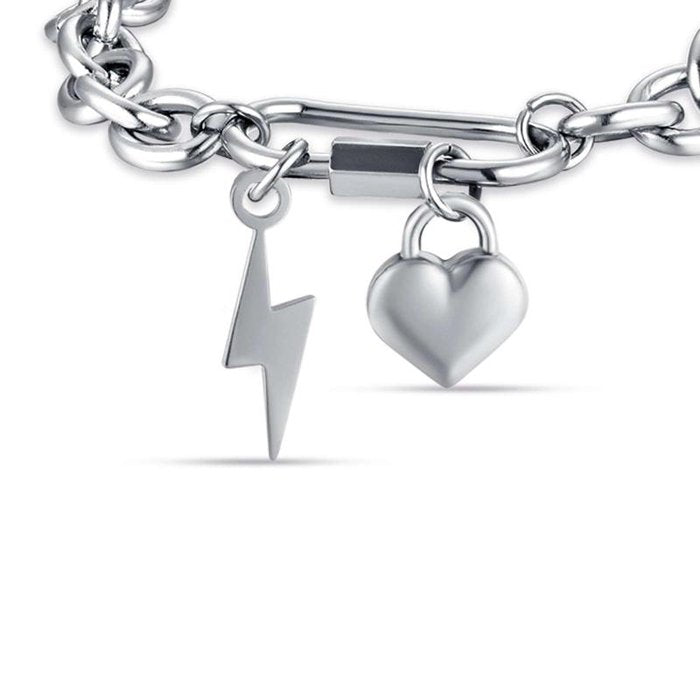 Bracciale in acciaio con fulmine e cuore