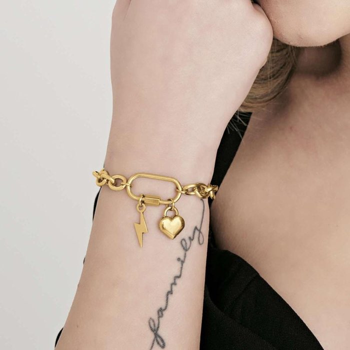 Bracciale in acciaio ip gold con fulmine e cuore