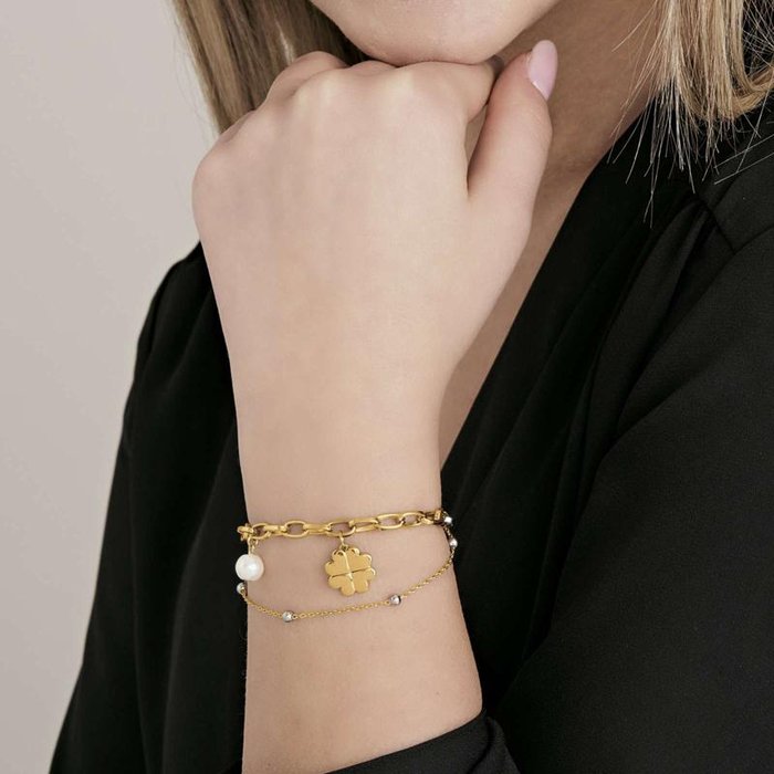 Bracciale in acciaio ip gold con quadrifoglio e perle