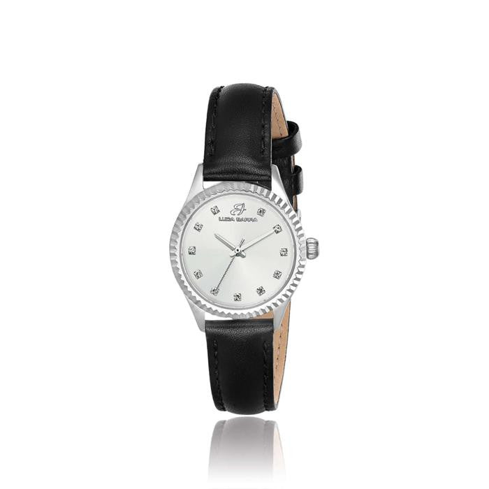 18 - Montre femme en acier, bracelet noir et cadran argenté
