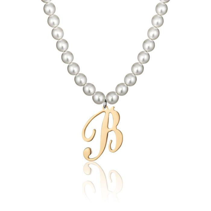 Collier en acier avec perles synthétiques et lettre B