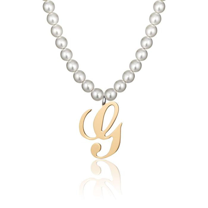 Collier en acier avec perles synthétiques et lettre G