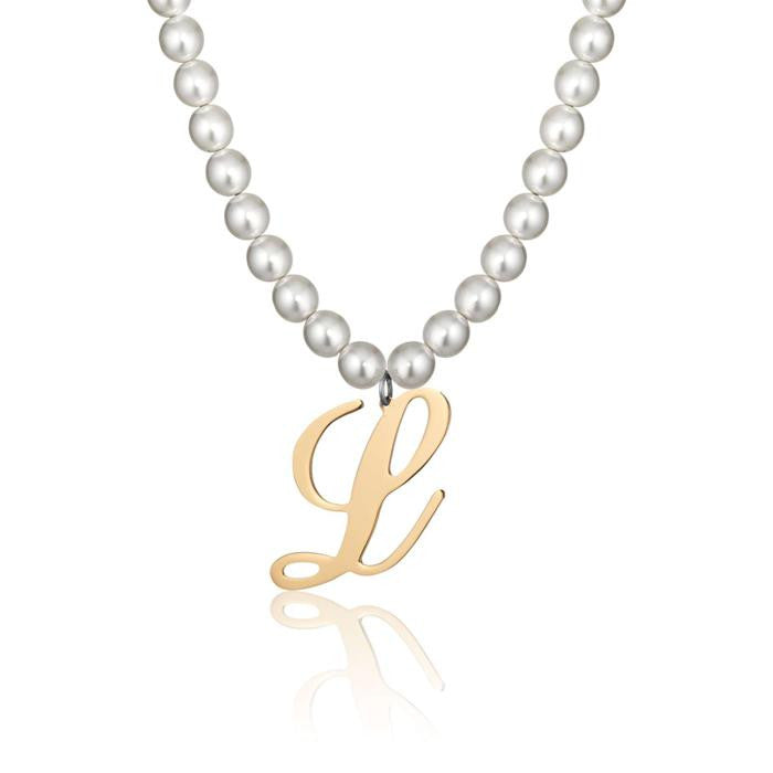 Collier en acier avec perles synthétiques et lettre L
