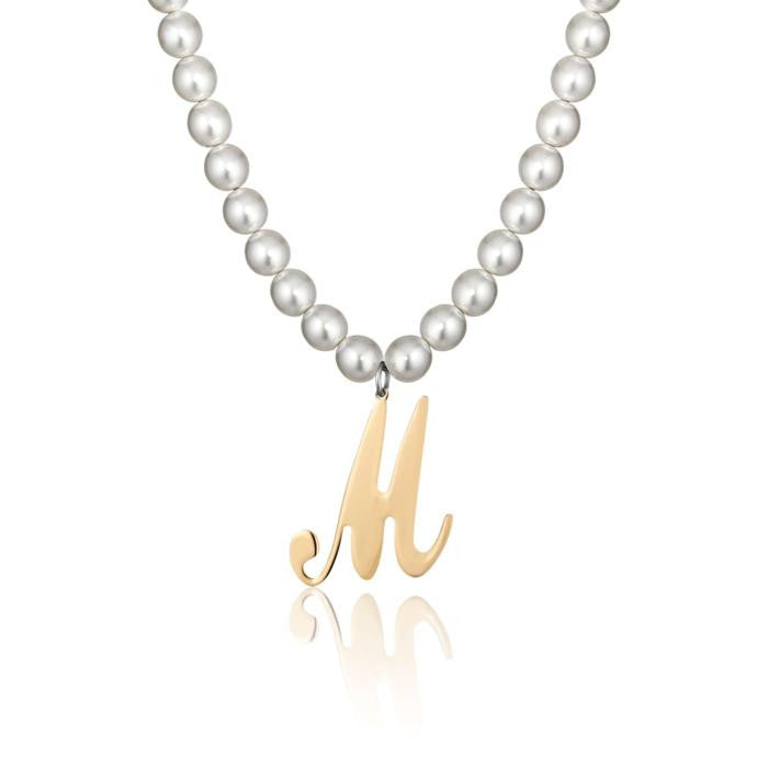 Collier en acier avec perles synthétiques et lettre M