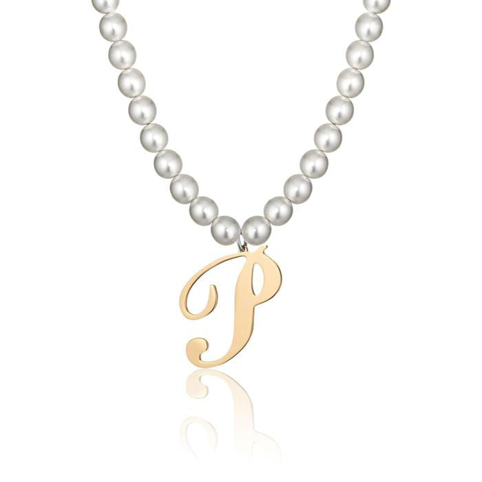 Steel Necklace With Synthetic Pearls And Letter P