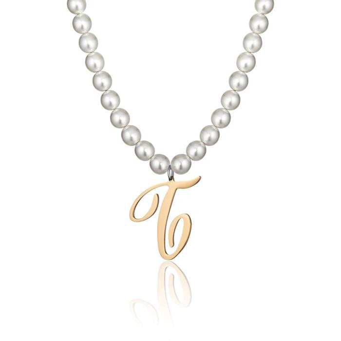 Steel Necklace With Synthetic Pearls And Letter T