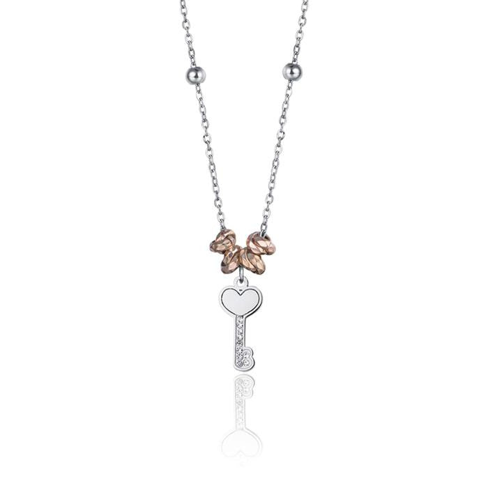 Collier en acier avec éléments en IP Rose Key et cristaux blancs