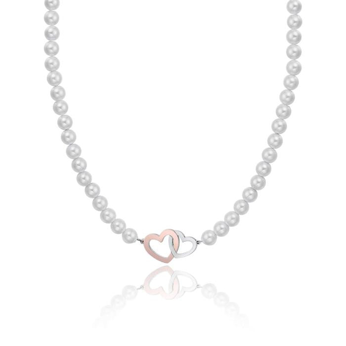 Collier en acier avec perles blanches et cœurs en acier et IP rose