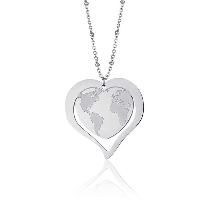 Collier en acier avec carte du monde en forme de cœur
