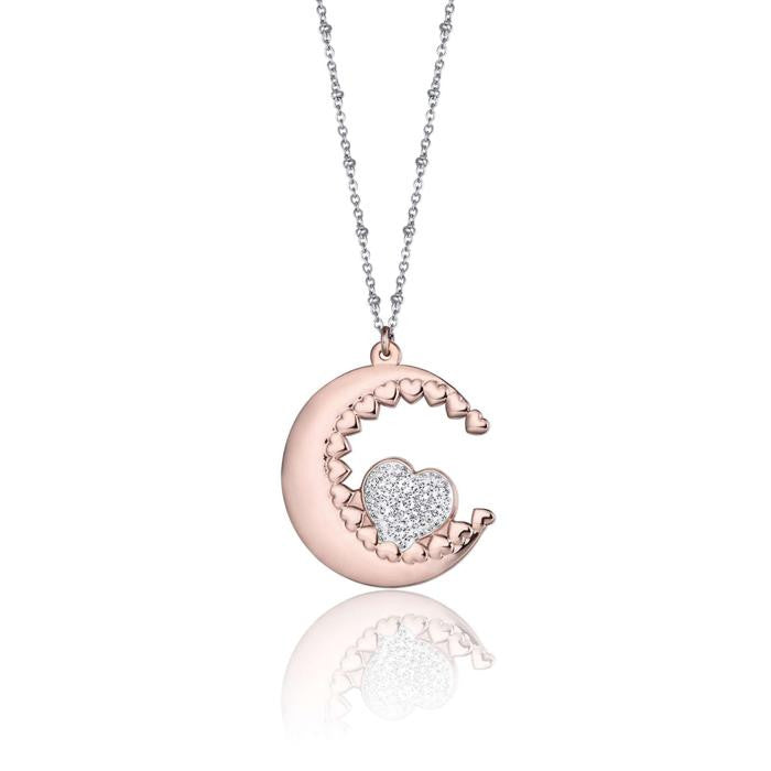 Collier en acier avec lune, rose et cœur avec cristaux blancs