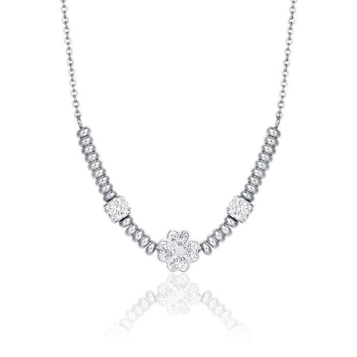 Collier en acier avec trèfle à quatre feuilles et cristaux blancs
