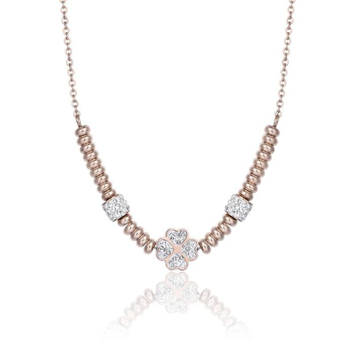Collier en acier IP or rose avec trèfle à quatre feuilles et cristaux blancs