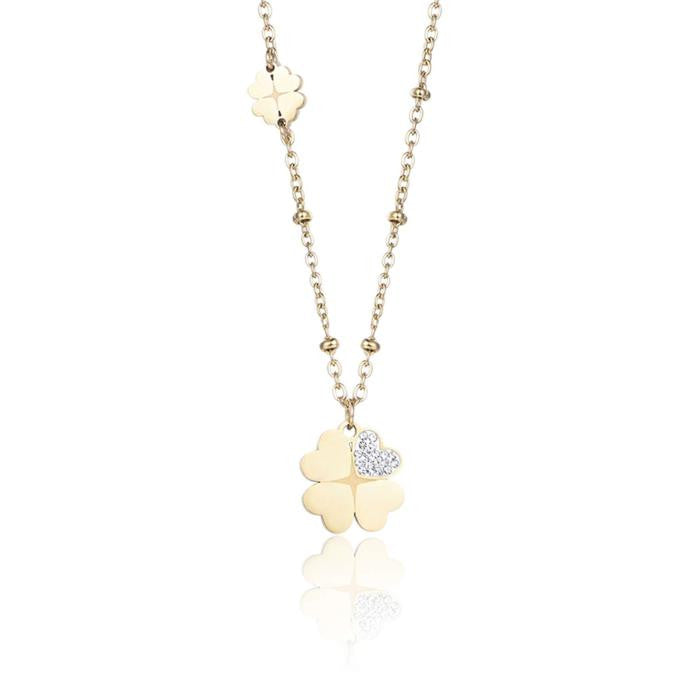 Collier en acier doré IP avec trèfles à quatre feuilles et cristaux blancs