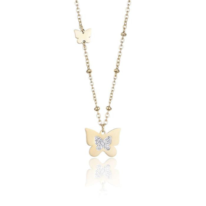 Collier en acier doré IP avec papillons et cristaux blancs