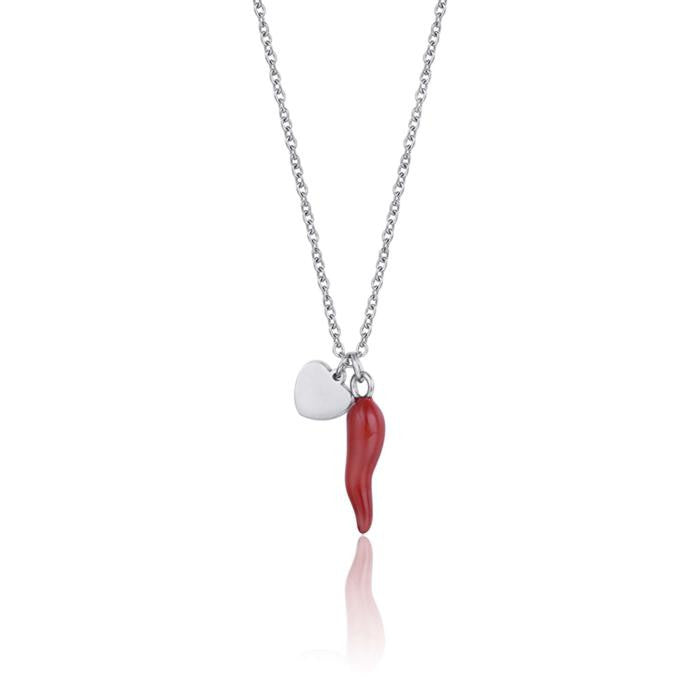 Collana In Acciaio Con Cuore E Corno Rosso