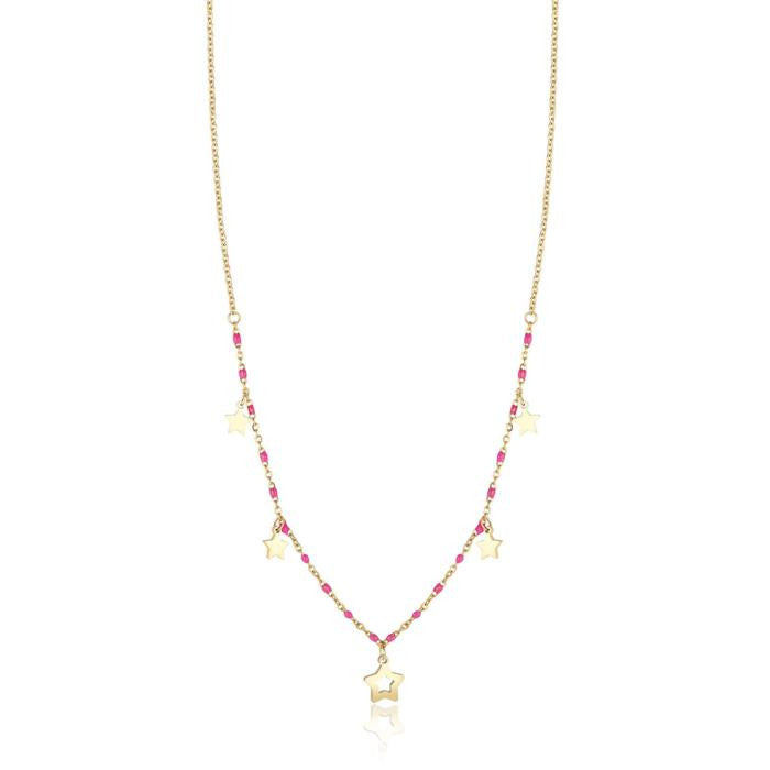 Collier en acier doré IP avec étoiles et pierres fuchsia