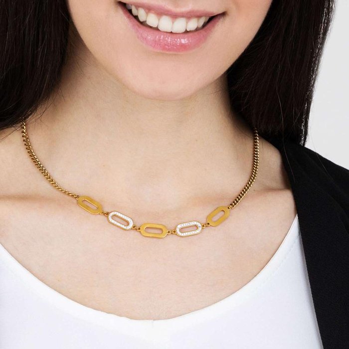 Collana in acciaio ip gold con cristalli bianchi