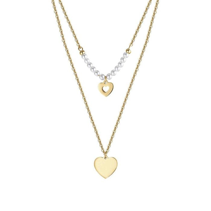 Collana in acciaio ip gold con cuori e perle bianche