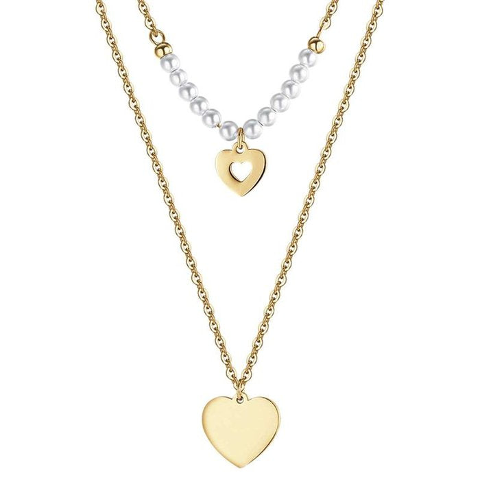 Collana in acciaio ip gold con cuori e perle bianche