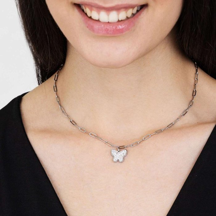 Collana in acciaio con farfalla e cristalli bianchi