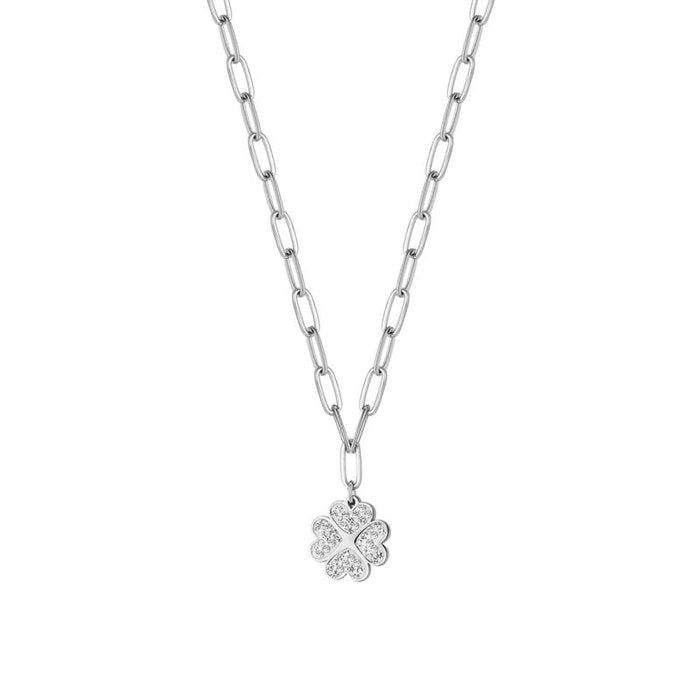 Collana in acciaio con quadrifoglio e cristalli bianchi