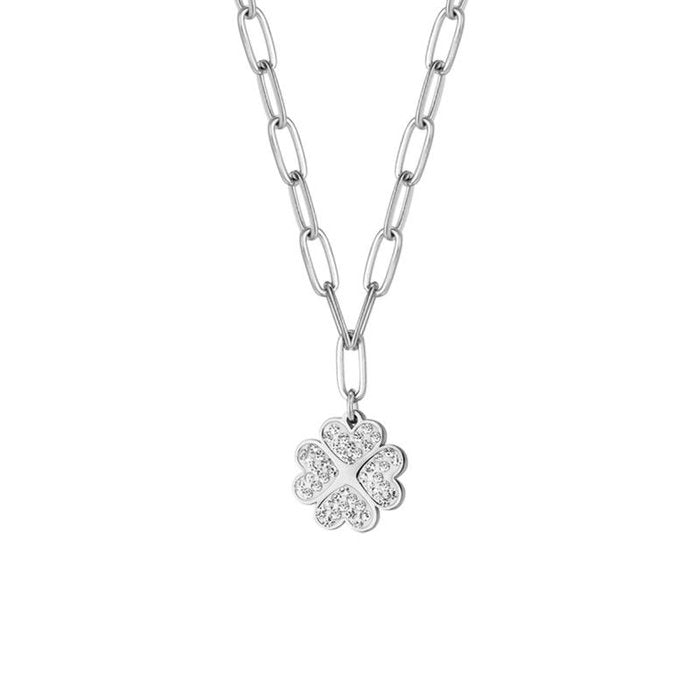 Collana in acciaio con quadrifoglio e cristalli bianchi