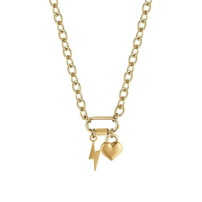 Collana in acciaio ip gold con fulmine e cuore