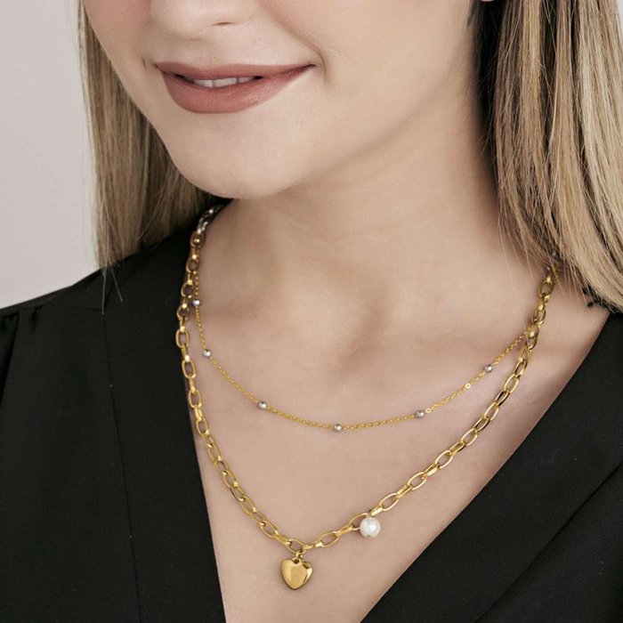Collana in acciaio ip gold con cuore e perla