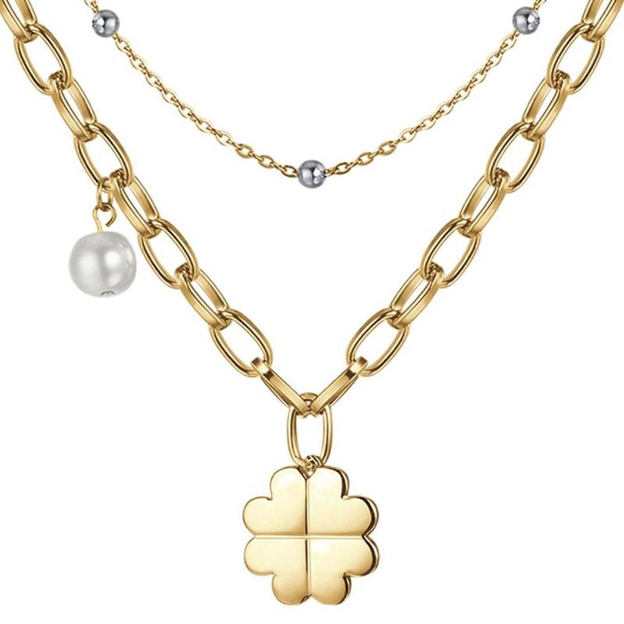Collana in acciaio ip gold con quadrifoglio e perla