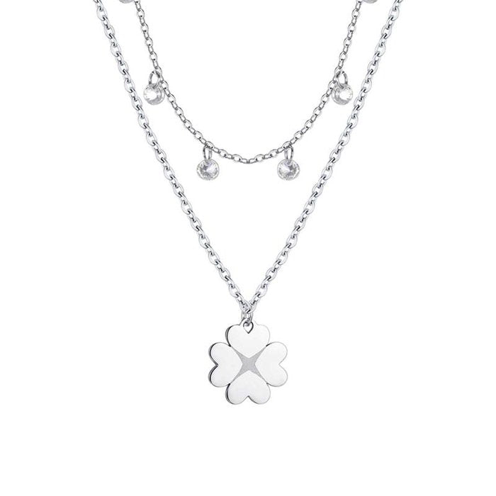 Collana in acciaio con quadrifoglio e cristalli