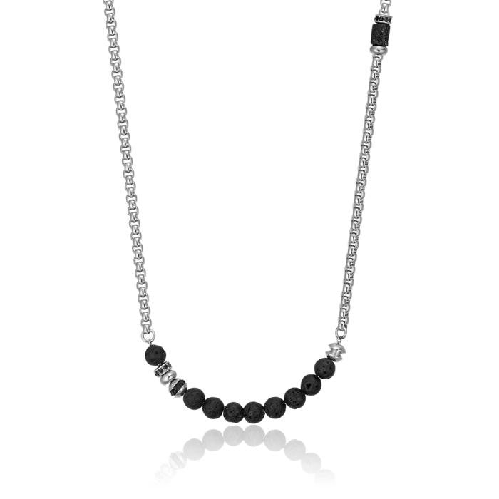 Collana In Acciaio Con Pietra Lavica E Cristalli Neri