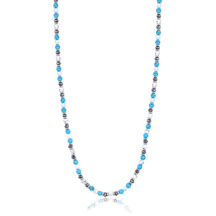 Collier en acier avec pierres turquoises et blanches