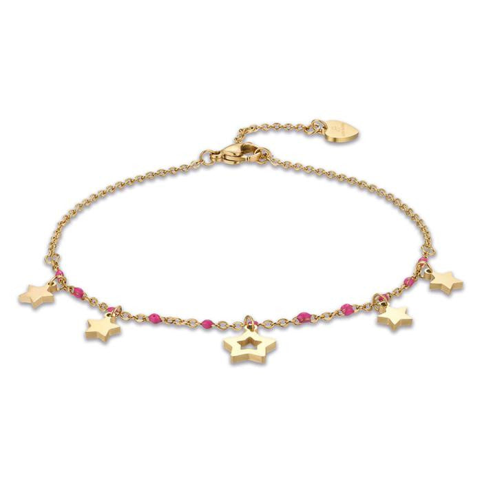 Ip Gold Steel Anklet With Stars And Fuchsia Stones