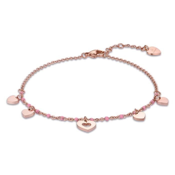 Rose Gold Ip Steel Anklet With Hearts And Pink Stones